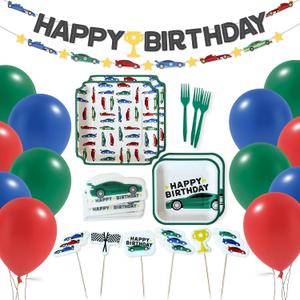 Race Car Birthday Decorations - 68 Pc Complete Party Kit Serves 12 - Banner, Garland, Balloons, Toppers, Square Plates & Car Napkins - Green Boys Car Party