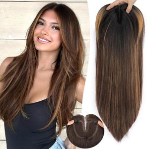 Eawwii Brown Highlight Synthetic Hair Toppers for Women with Thinning 5x6 inch Large Base Coverage Clip in Wispy Bangs Upgraded Adjustable Bandage 24 Inch Long Layered, Brown Highlight