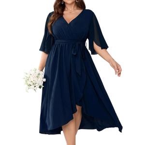 CICIDUDU Plus Size Formal Wedding Guest Cocktail Dress for Curvy Women Flutter Sleeve Faux Wrap V Neck Midi Dresses, Navy Blue, X-Large Plus