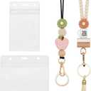 2 Pcs Teacher Lanyards with 2 PCS ID Badges Holder Wood Silicone Beaded Lanyard for Keys Cute Breakaway Lanyards Necklace for ID Badges Woman Teacher Nurse Office