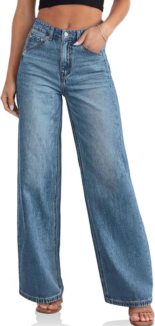 Cicy Bell Womens Wide Leg Jeans High Waisted Boyfriend Loose Baggy Denim Pants with Pockets (Blue)size 6
