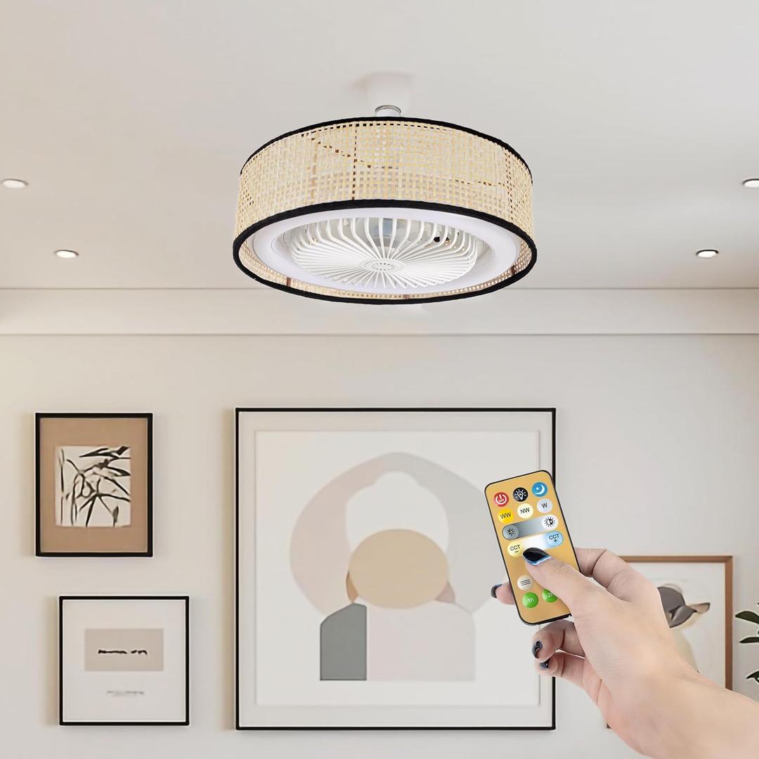 AELS Boho Fans Lights, E26 Socket LED Ratten Ceiling Fan with Remote Control, 3 Color Temperaturea Adjustable, Modern Farmhouse Decor for Bedroom, Kitchen, Bathroom, Closet, 10 inch (Beige)