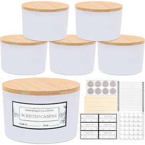 CONNOO 24oz Matte White Glass Candle Jars 6 Pack, Multi-Wick Wide Mouth Empty Bulk Candle Containers for Making Candles with Airtight Bamboo Lids, Sticky Warning Labels, Wick kit- Dishwasher Safe