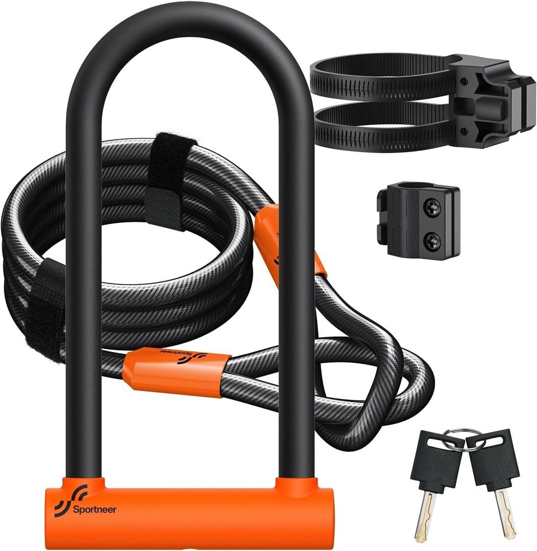 Sportneer Bike Lock: Heavy Duty Bike U Lock with 6ft Security Steel Cable - 18mm Shackle Bicycle U-Locks with Keys and Sturdy Mounting Bracket for Road Mountain Bike Bicycle-Size 11.5''x6.25'', Orange