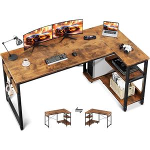 Casaottima L Shaped Computer Desk, 55 Inch Small Corner Desk with Storage Shelves & PC Stand, Reversible Gaming Desk for Bedroom, Modern Writing Study Table for Home Office, Vintage