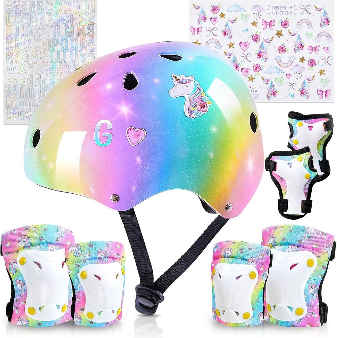 Kids Helmet, Toddler Bike Helmet with DIY Stickers Unicorn Knee Pads and Elbow Pads Set Adjustable Protective Gear Set for Girls Age 3-5-8 Years fit Roller Skates, Bicycle, Skateboarding, Scooter, Size: Small: 3-8 year