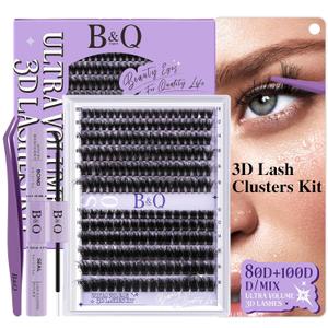 B&Q Volume Lash Clusters Kit 280PCS Lash Extension Kit Thick 3D Wispy DIY Eyelash Extension Set with Individual Lashes, Lash Bond and Remover,Tweezers(80D+100D)