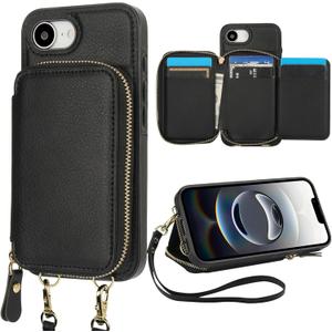 Bocasal RFID Blocking Wallet Case for iPhone 17e/16e, Adjustable Crossbody Zipper Purse Case Card Holder with Kickstand Detachable Wrist Strap, PU Leather Flip Folio Case 6.1 Inch 5G (Black)