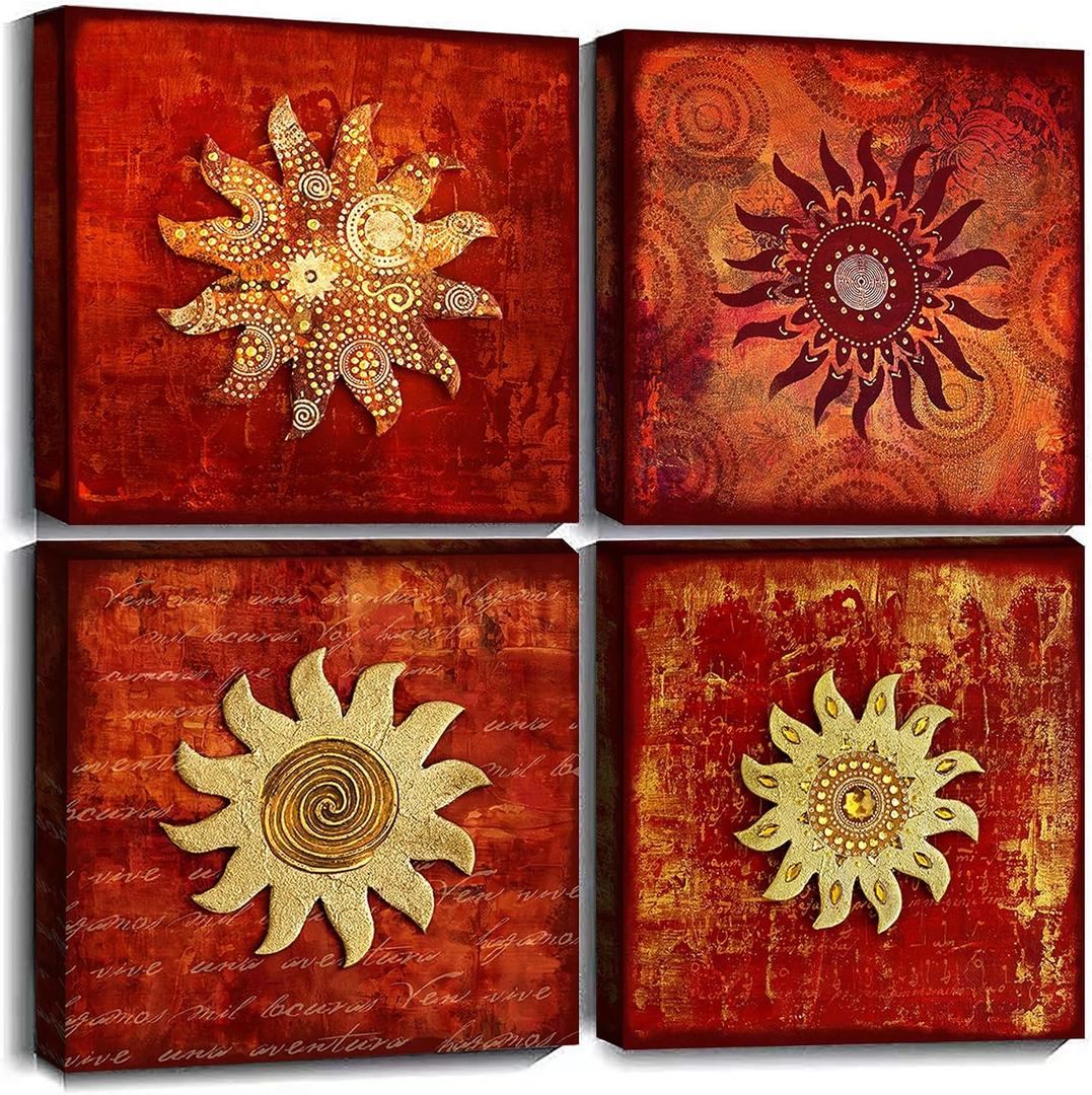Vintage Flowers Pattern Canvas Prints Wall Art for Bedroom 4 Piece Framed Artwork Abstract Red Sunflower Picture for Home Office Decoration 16x16, 16"x16"x4pcs