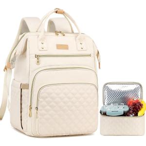 AIJIEKE Lunch Backpack for Women, 15.6 Inch Laptop Backpack with Detachable Insulated Cooler Lunch Box, 2-in-1 Water Resistant Work Computer Bag for Nurse Teacher College Commute, Beige