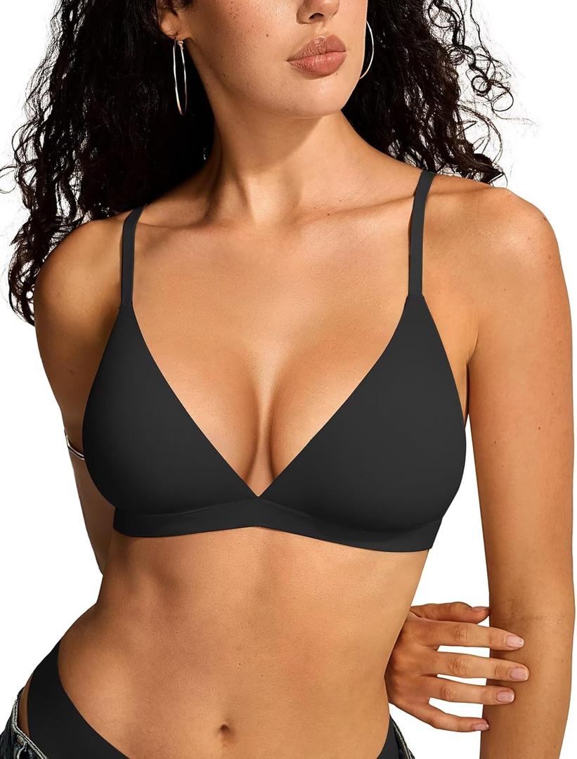 Vertvie Womens Wireless Triangle Bralette Plunge Unlined Seamless Bras No Underwire Sexy Comfortable Unpadded Everyday Bra (Medium, Black)