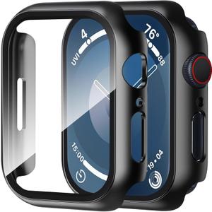 Smiling 2 Pack Case Compatible with Apple Watch Series 9/8 /7 41mm with Tempered Glass Screen Protector, Hard PC Case Overall Protective Cover- Black