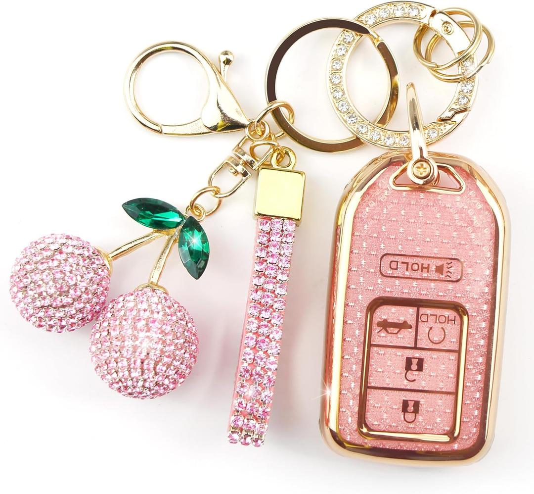 Sparkly Key Fob Cover with Cherry Keychain, Bling TPU Smart Key Case for Women, Compatible with Honda Accord Civic Pilot,Passport,Insight JED Crider Spirior Odyssey (5-Button, Gold Pink)