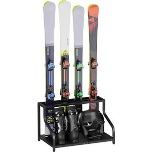 Ski Storage Rack for Garage  Freestanding Ski Holder for 4 Pair Skis, Boot, Helmet, Goggles, Indoor Snowboard Rack Organizer Stand for Home, Shed, Basement, Black