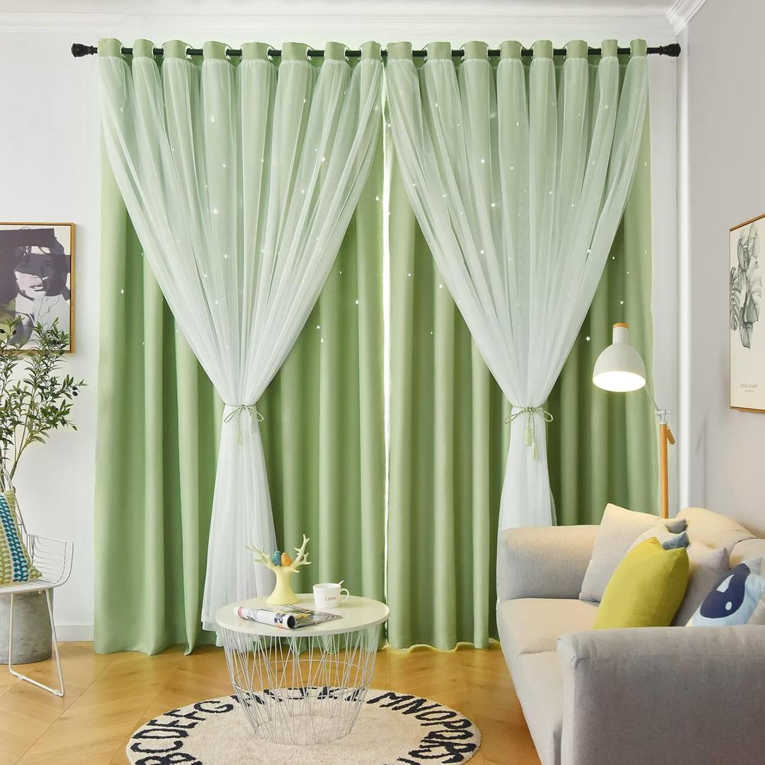 Star Double Layer Blackout Curtains for Bedroom, Kids - Cute, 96 Inches Long, 2 Panels Set, Green, 42 X 96 Inches