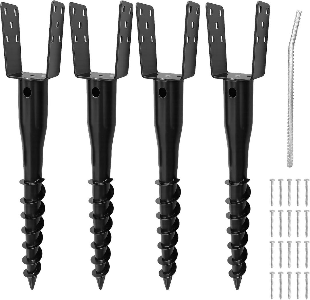 4pcs No Dig Ground Screw Anchor, U Shaped Post Stake for 4x4 Wood Posts, Includes Lag Bolts & 27" Rebar, for Fence Posts Anchor Mailbox Posts