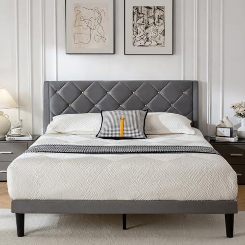 DUMGTIF Queen Size Platform Bed Frame with Velvet Upholstered Headboard and Sturdy Wooden Slats Support,Mattress Foundation，Easy Assembly, No Box Spring Needed,Slip Resistant (Grey, Queen)