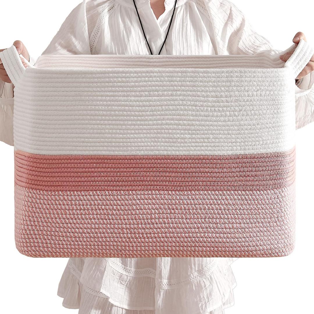 CLHMILY&Z Stylish Square Cotton Rope Storage Basket (Pink & White, 85L)