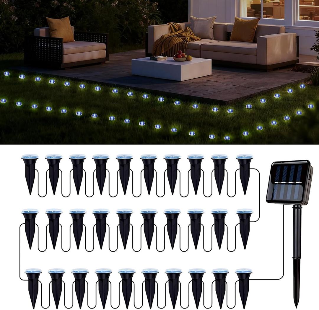 30 LED Solar Ground Lights Outdoor, Waterproof Solar Pathway Lights, LED Landscape Lighting for Garden, Patio, Driveway, Walkway - White (24.6FT)