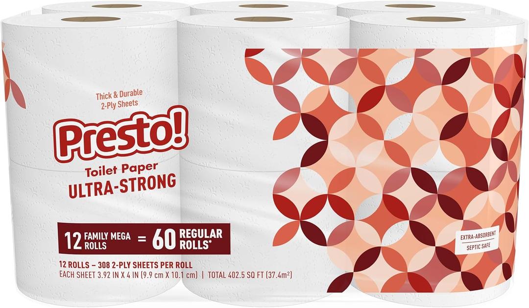 Amazon Brand - Presto! Ultra-Strong 2-Ply Toilet Paper, 12 Mega Rolls = 60 Regular Rolls, 308 Sheets Per Roll, Unscented