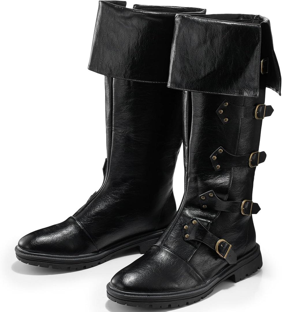 Jiuguva Medieval Pirate Boots Men Renaissance Costume Boots High Tube Steampunk Shoes Halloween Cosplay Costume Accessories (Black, 11)