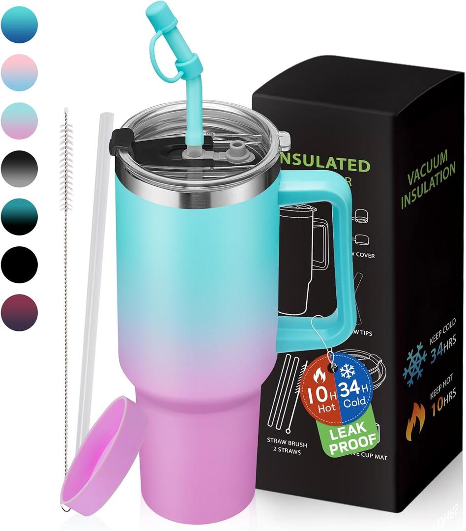 40 oz Tumbler with Handle and Straw 100% Leak-proof Coffee Tumbler Stainless Steel Insulated Travel Coffee Mug with Non Pop-off Lid, Birthday Gifts for Women Men, Water Bottle Fits in Cup Holder (Green Purple)