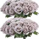 52pcs Grey Roses Artificial Flowers Fake Flowers Silk Roses with Stems for DIY Wedding Bouquets Bridal Shower Centerpieces Arrangements Party Decorations (16.6L 52Pcs)