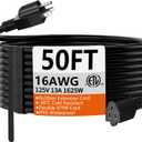 HUANCHAIN 50 FT 16 Gauge Black Indoor Outdoor Extension Cord Waterproof, Flexible Cold Weather 3 Prong Electric Cord Outside, 13A 1625W 125V 16AWG SJTW, ETL Listed
