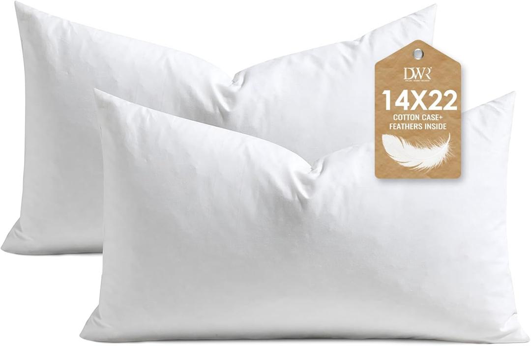 DWR Set of 2 Feather Down Throw Pillow Inserts 14x22 with Organic Cotton Cover, Feather Rectangular White Decorative Pillow Inserts for Bed, Sofa, and Couch