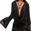 SOLY HUX Women's Summer Sheer Mesh Beach Mini Dress Draped Deep V Neck Bell Sleeve Swimsuit Cover Up Beachwear, S