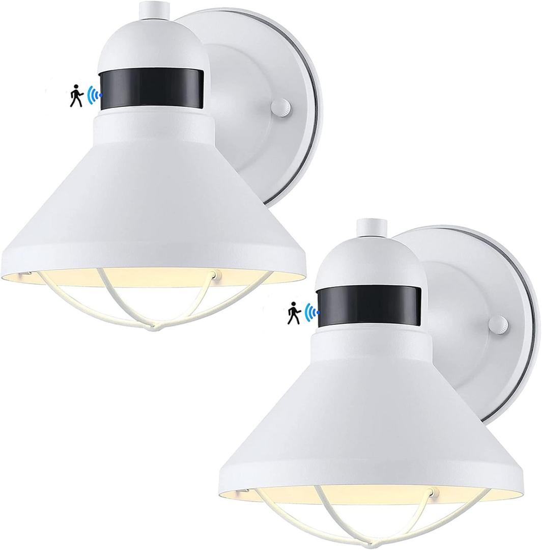 LONEDRUID 2 Pack Motion Sensor Outdoor LED Porch Light Dusk to Dawn Exterior Wall Sconce White Outside Barn Lighting Fixtures Rustic Wall Mount Lantern for House Patio Garage Farmhouse Entryway