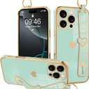 MOWIME for iPhone 16 Pro Max Case with Strap, Cute Heart Pattern for Women Girls Soft Plating Bumper Anti-Scratch Protective Cover with Wrist Band Kickstand Holder, Light Green