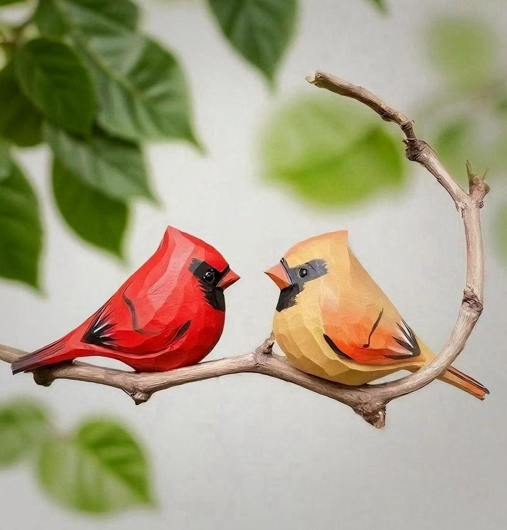 Handmade Wood Cardinal Figurines Set of 2-3.7" Carved Red Bird Statues, Male & Female Cardinals for Home Decor, Christmas Decorations, Memorial & Bird Lover Gifts