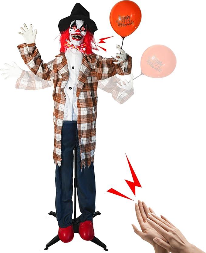 Hourleey 6ft Halloween Animatronic Clown Decorations, Sound Activated Animated Talking Clown with Light-Up Balloons for Indoor Outdoor Yard Decor