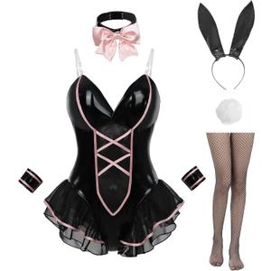 FCCAM Bunny Costume Adult Womens Bunny Girl Costume One Piece Bodysuit Halloween Cosplay (XX-Large, Black)