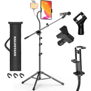 Microphone Stand with IPAD Clip, Floor Foldable Mic Stand with Phone Clip, Heavy Duty Tripod Boom Arm with 2 Mic Clips and Carrying Bag for Singing Karaoke Stage