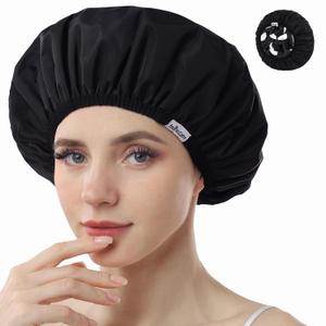 Years Calm Shower Caps For Women Reusable WaterproofPattern And Solid Color Dual-Layer Design For Dual-Layer UsableProtects Hair In Shower, Spa, Cooking, Clean & Travel , Black, One Size 
