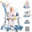 Baby Walkers, 5-in-1 Multifunctional, Height Adjustable, Foldable, Activity Center with Wheels &Music &Toys Tray, Infant Toddler Walker for Boys and Girls 6-24 Months(Blue)