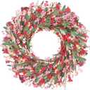 Lokeisna Spring Paper Wreath: 24” Red and Orange Wreaths with Paper and Fabric Flower,EVA Leaves,Flower Spike,All Seasons Wreath for Front Door,Living Room,Wedding Red