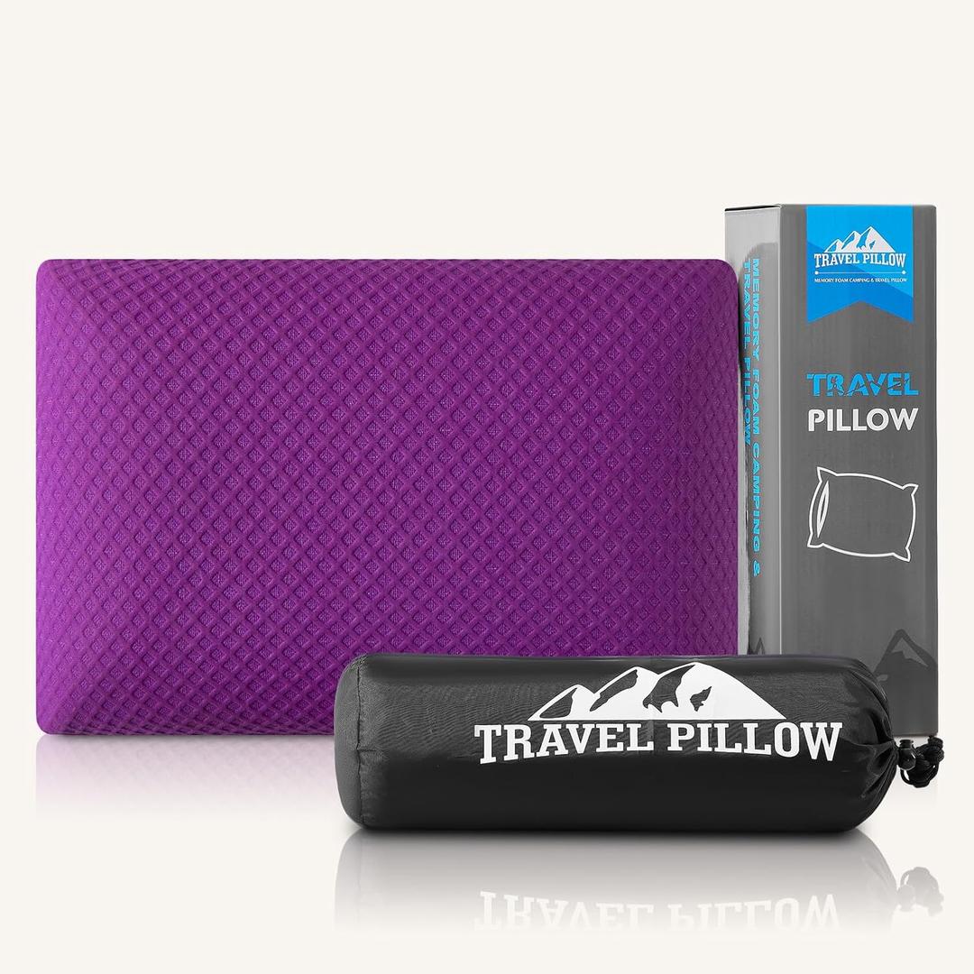Travel Pillow Memory Foam Pillows, Camping Pillow-Compressible Medium Firm, Breathable Cover, Ideal Backpacking Hiking, Bed Pillows, Airplane and Car (Purple, S) (S-15.7*9.8in)