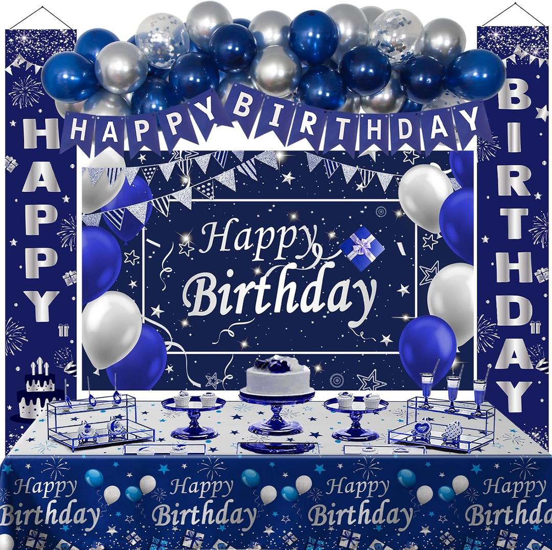 Blue Birthday Decorations, 37 PCS Blue and Silver Party Decorations for Men Boys Women Girls, Happy Birthday Backdrop Banner Tablecloth Party Supplies Confetti Balloons Arch