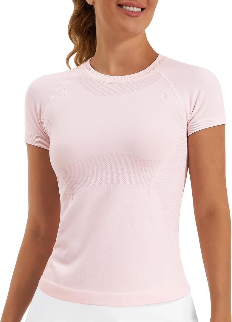 Stelle Women Workout Tops Short Sleeve Seamless Athletic Shirts Yoga Gym Sports Breathable Tees (S)