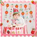Oudain 6 Pcs Strawberry First Birthday Party Decoration Berry 1st Monthly Photo Banner and Strawberry High Chair Banner and Birthday Hat and Cake Topper for Baby Shower Souvenir 12 Months Kids Gifts