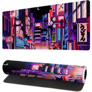 Dark Purple Japanese Gaming Mouse Pad Abstract Anime Mat 27.6x11.8 Inch Tokyo Pixel Street Texture Non-Slip Rubber Base Kawaii Mousepad Stitched Edges Keyboard Desk Pad for Office and Home Game