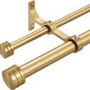 Double Curtain Rods with Aluminum End Cap and Full Enclosure Brackets, 1- Inch Front and 5/8 Inch Back Window Rod, Dual Drapery Rods Adjustable from 36 to 72 Inches (3-6 Feet), Brushed Gold