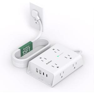 15FT Flat Plug Extension Cord with Multiple Outlets, Surge Protector Power Strip with 8 Outlets 4 USB Ports (2 USB C), Multi Outlet Wall Plug for Home Office College Dorm Room Essentials (White)