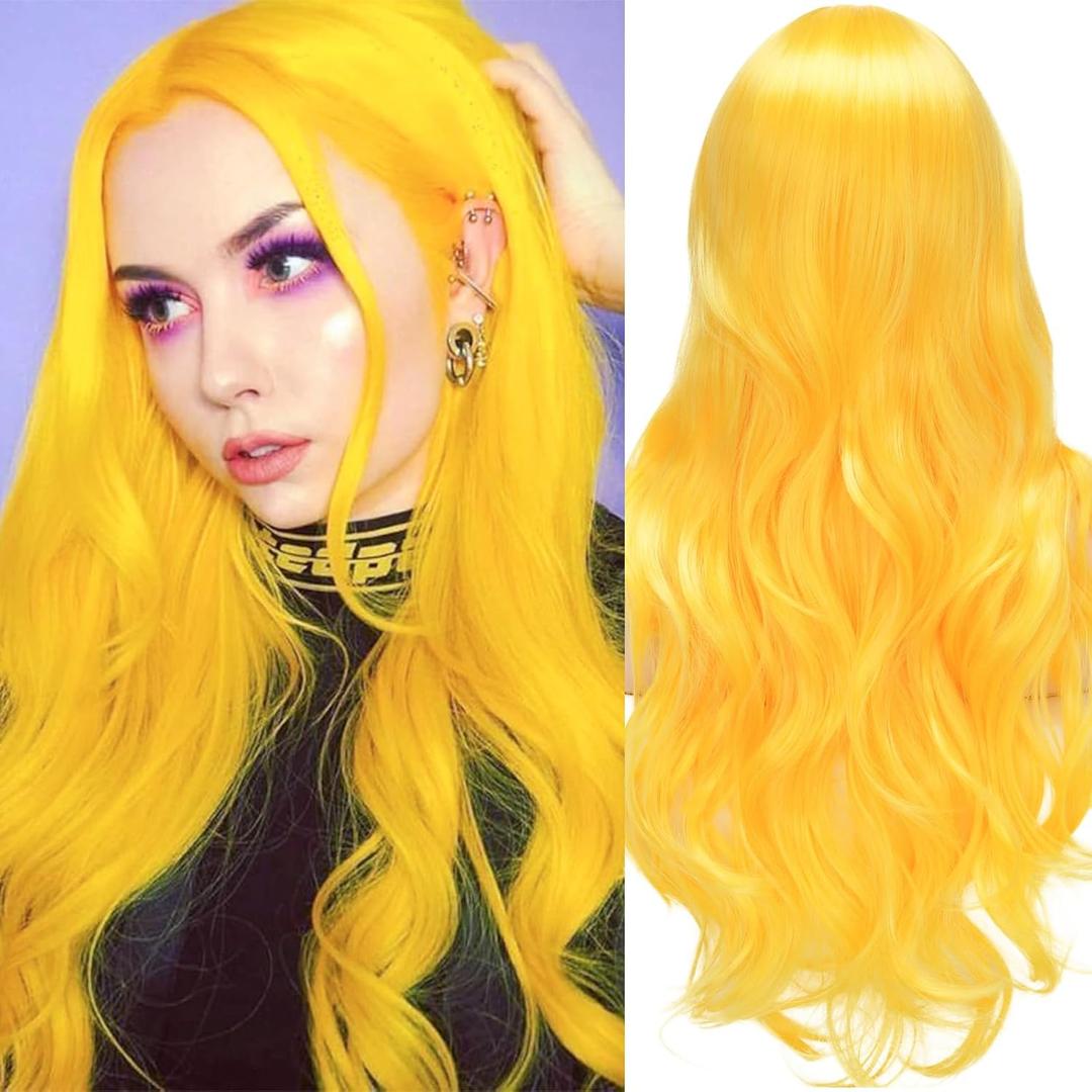 Yellow Wig Long Curly Wavy Cute Colorful Wigs Middle Part Synthetic Hair Wigs for Christmas Cosplay Daily Party Wigs