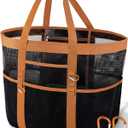 Chic & Spacious XX-Large Beach Bag for Women  12 Pockets, Waterproof Mesh, Foldable, Includes 2 Carabiners (Black and Brown)