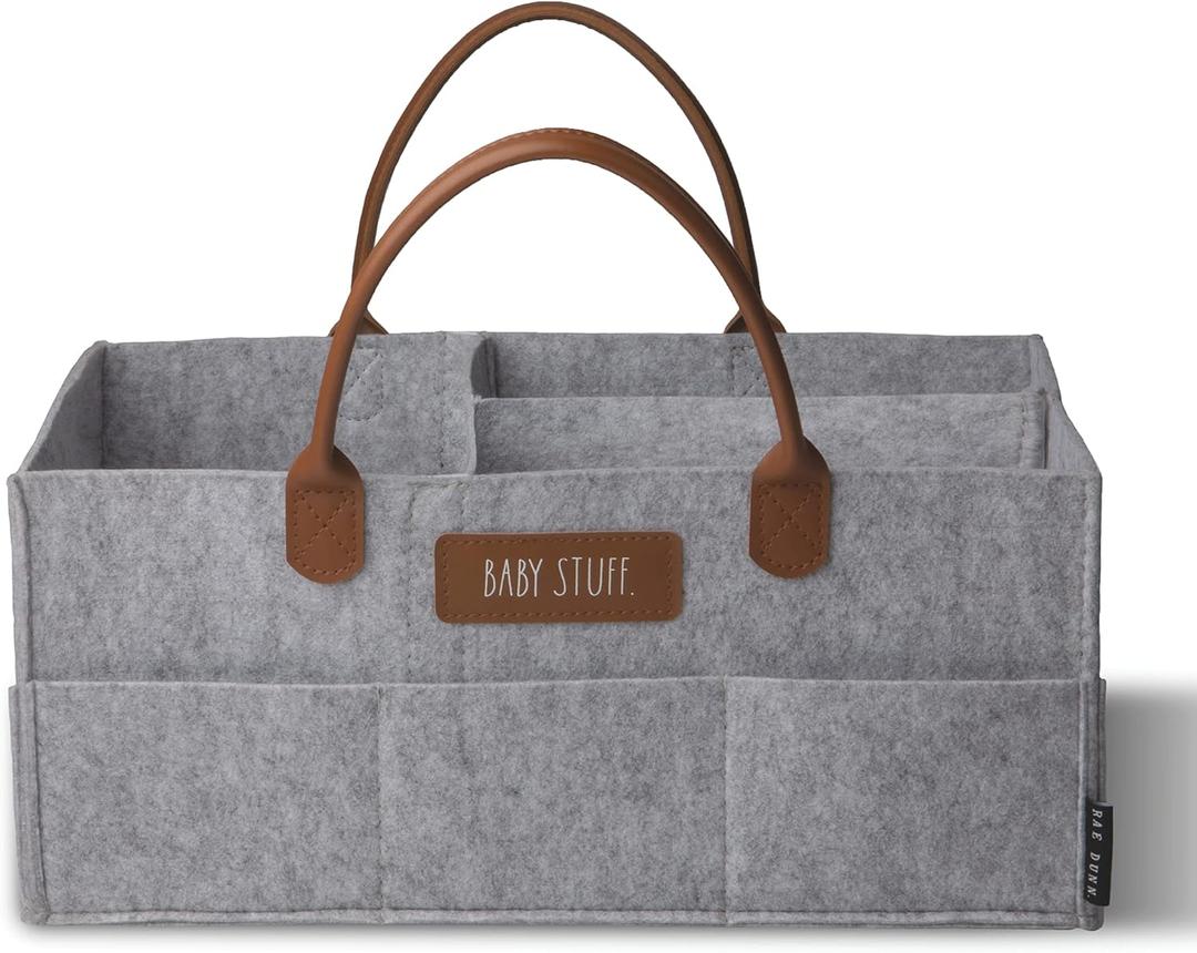 Rae Dunn Baby Diaper Caddy Organizer, Nursery Storage for Changing Table and Car, Portable Basket for Items, Shower Gifts, Grey Felt With Leather Handles, Large