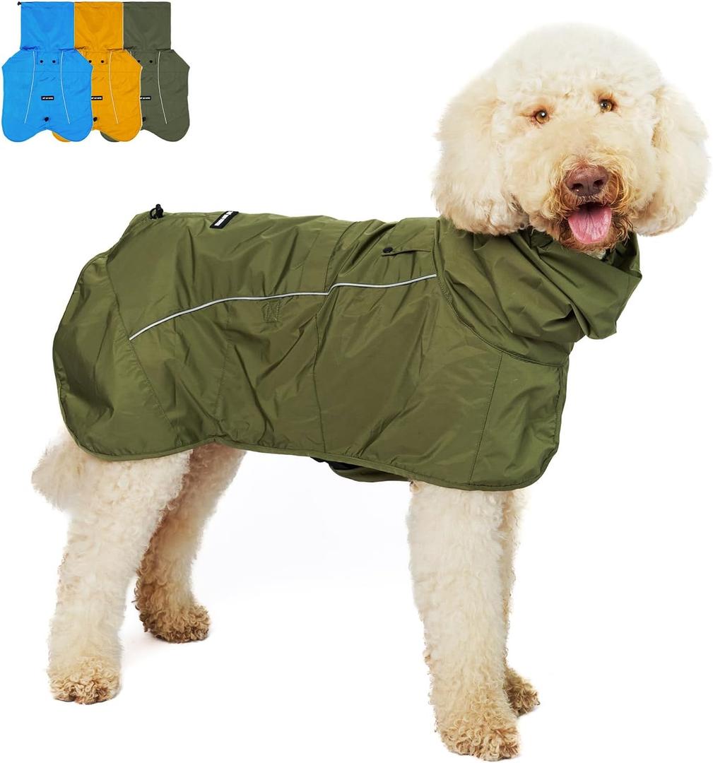 Tuff Pupper Waterproof Dog Raincoat | Full-Body Windproof Rain Jacket for Dogs | Reflective Strips | Breathable Mesh Lining | Adjustable Fit | Leash Port | (Olive, XXL) 